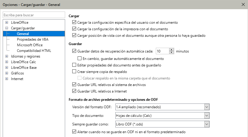 Opciones Cargar/guardar, página General