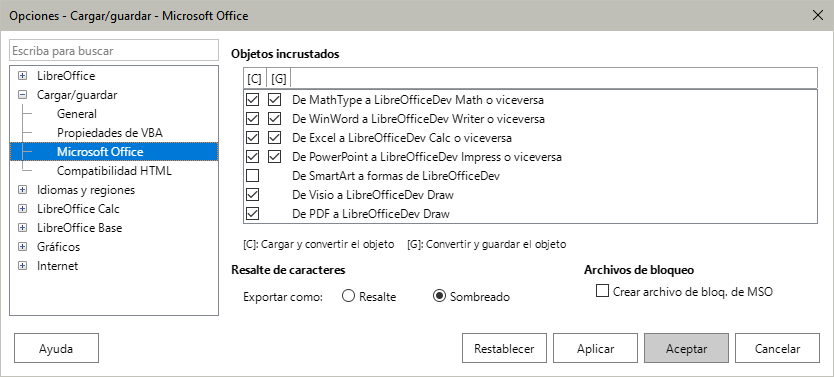 Opciones Cargar/guardar > Microsoft Office