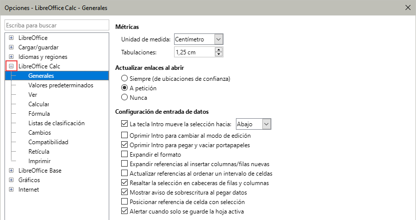 Opciones generales de Calc
