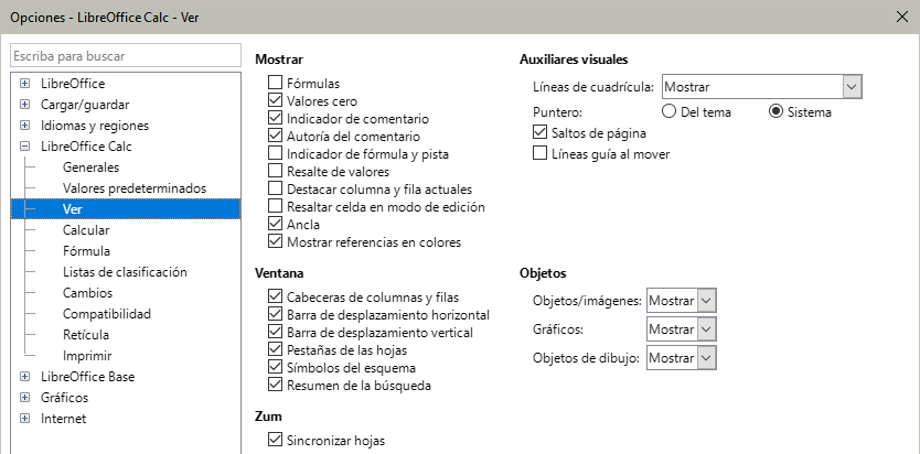 Opciones de visualización de las hojas de cálculo Calc