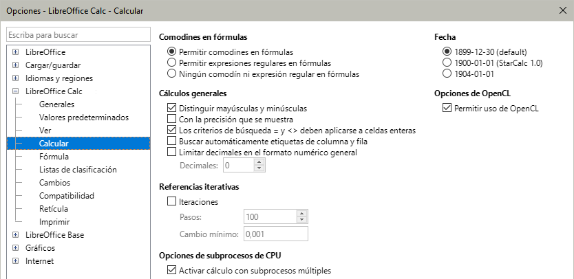 Opciones de cálculo de LibreOffice Calc