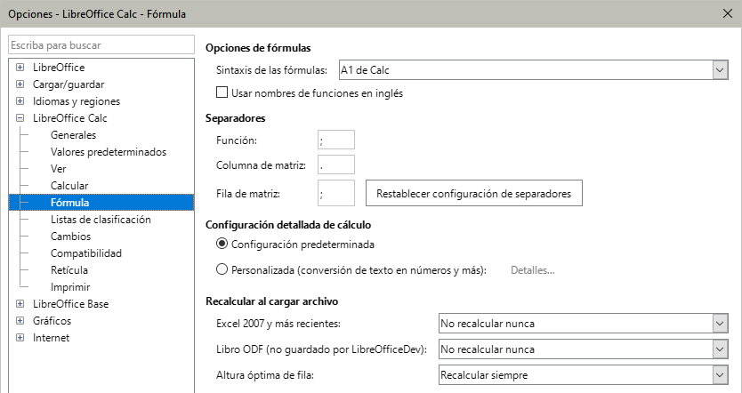 Opciones de fórmulas de LibreOffice Calc