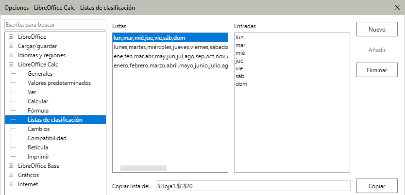 Definición de listas de clasificación en Calc
