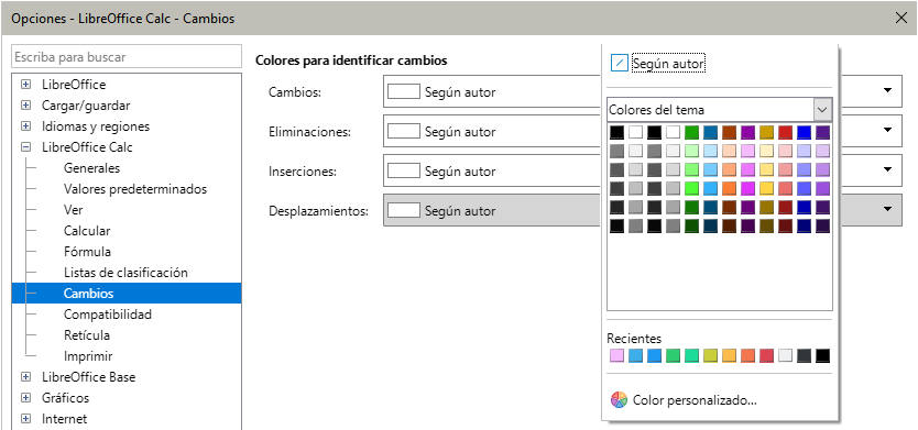 Opciones de Calc para resaltar cambios.