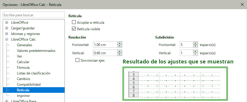 Opciones de retícula en Calc