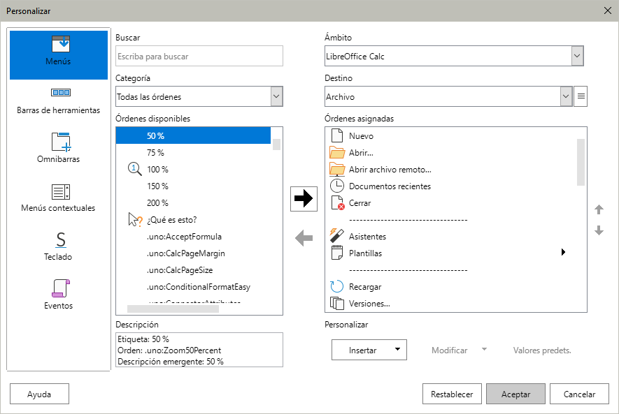 Página Menús del diálogo Personalizar