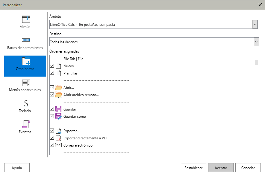 Diálogo Personalizar, Página Omnibarra