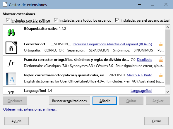 Diálogo Gestor de extensiones
