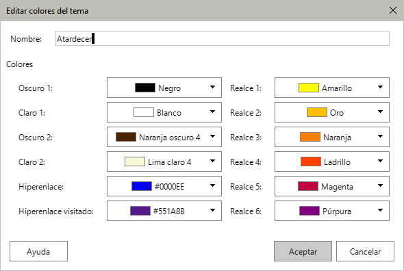 Diálogo Editar colores del tema