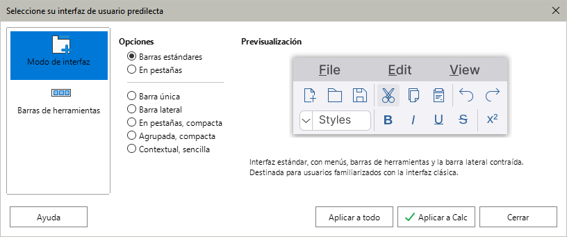 Diálogo Seleccione su interfaz de usuario predilecta.