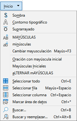 Menú de la pestaña Inicio.