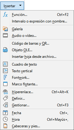 Menú de la pestaña Insertar.