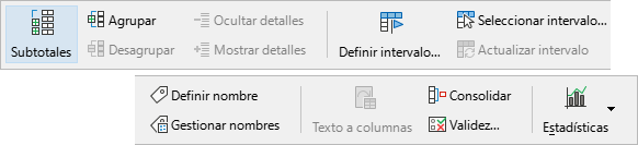 Pestaña Datos, opciones adicionales.