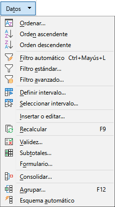 Menú de la pestaña Datos.