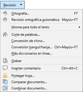 Menú en la pestaña Revisión.