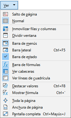 Menú de la pestaña Ver.