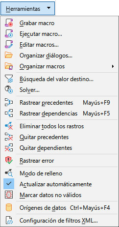 Menú de la pestaña Herramientas.