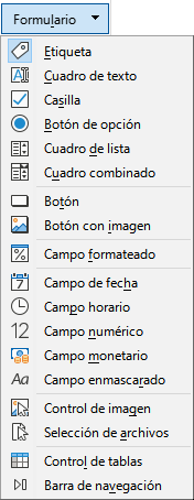 Menú en la pestaña Formulario.