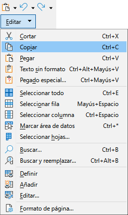 Interfaz Agrupada, compacta – Menú del grupo Editar.
