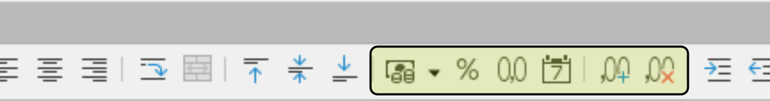 Iconos de formatos numéricos en la barra de herramientas Formato