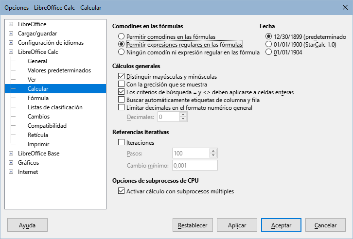 Diálogo Herramientas > Opciones > LibreOffice Calc > Calcular