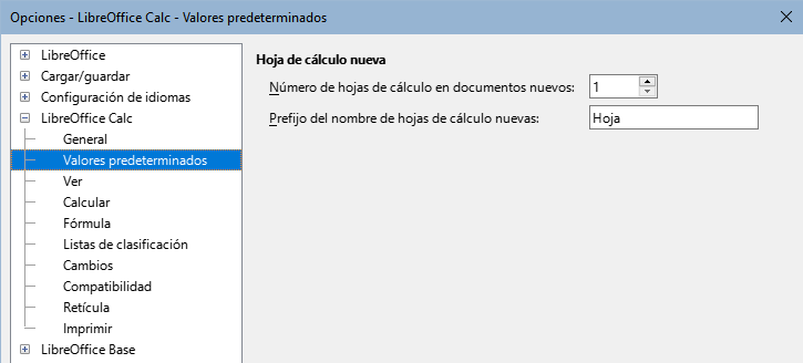Opciones > LibreOffice Calc > Valores predeterminados