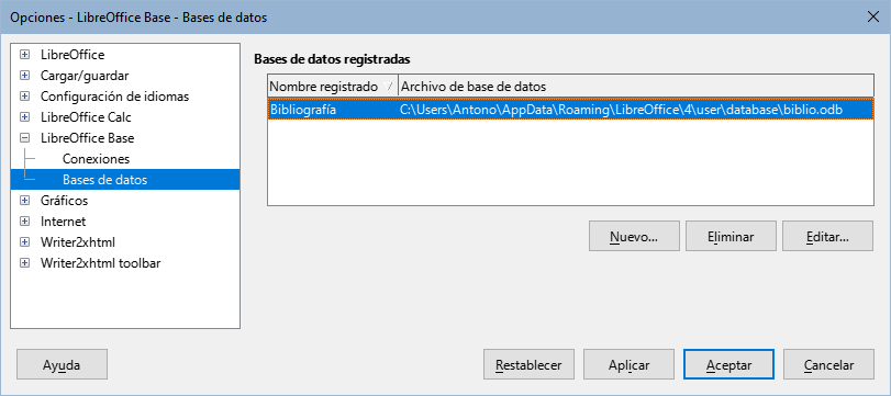 Diálogo Opciones – LibreOffice Base – Bases de datos