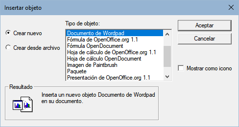 Insertar un objeto OLE (en Windows)
