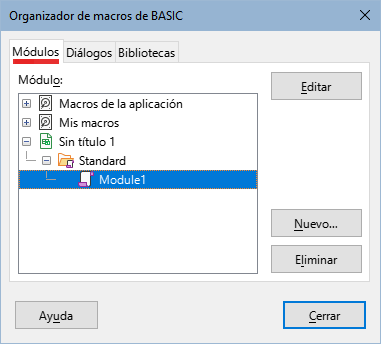 Organizador de macros de BASIC, página Módulos.