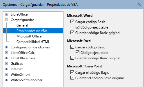 Opciones - Cargar/Guardar - Propiedades de VBA.