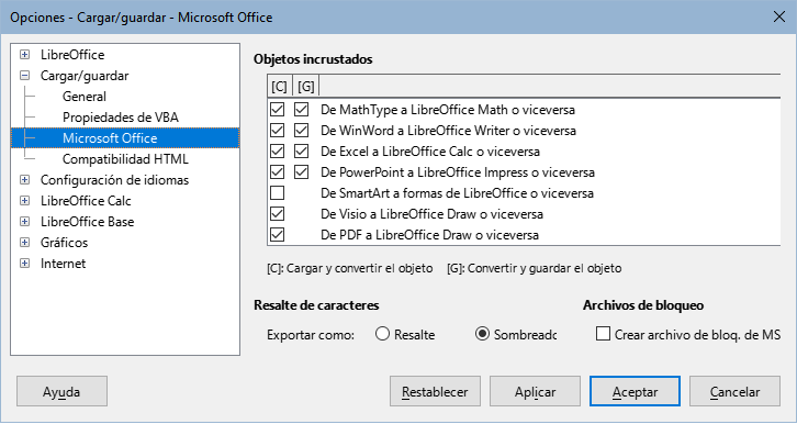 Opciones Cargar/guardar > Microsoft Office