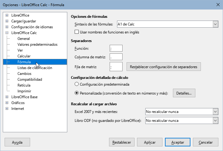 Opciones de fórmula de LibreOffice Calc
