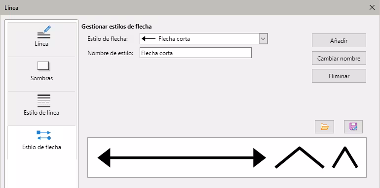 Diálogo Línea – pestaña Estilos de flecha.