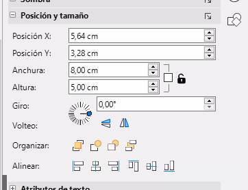 Posición y tamaño en Propiedades de la Barra lateral