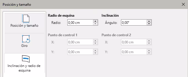 Diálogo Posición y tamaño, página Inclinación y radio de esquina