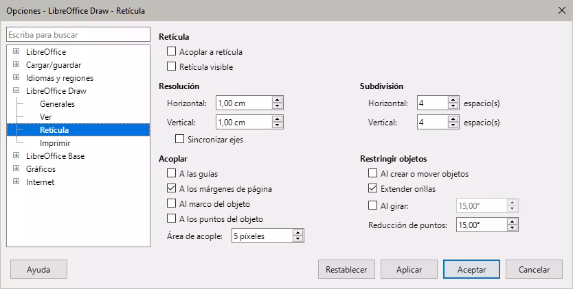 Opciones de LibreOffice Draw para la Retícula y acople