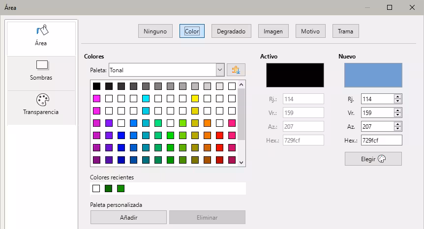 Diálogo Área, página Color