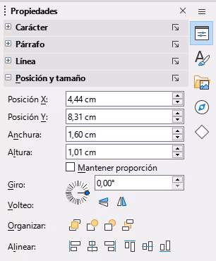 Posición y tamaño en Propiedades de la Barra lateral