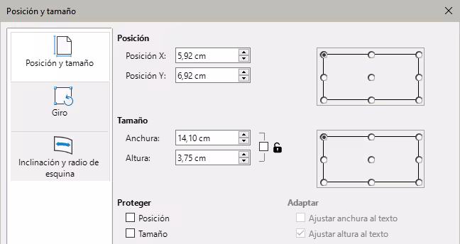 Diálogo Posición y tamaño