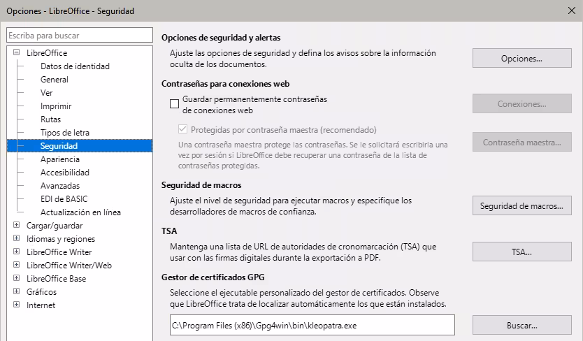 Opciones de LibreOffice, Seguridad