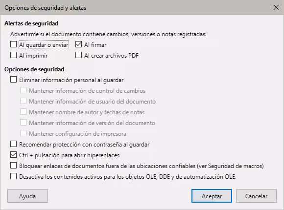 Diálogo Opciones de seguridad y alertas