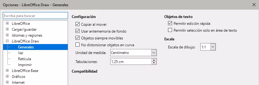 Diálogo Opciones LibreOffice Draw - página General