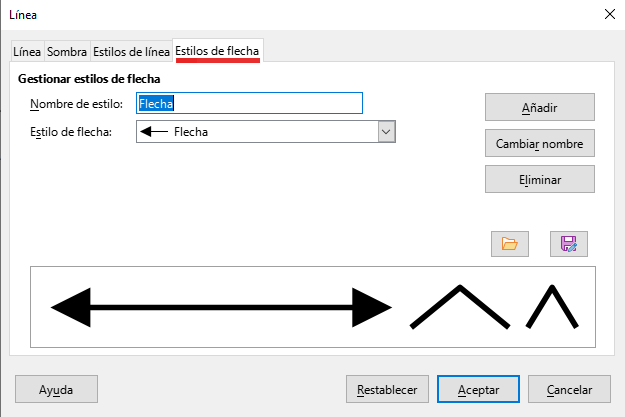 Diálogo Línea – pestaña Estilos de flecha.