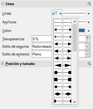 Estilos de punta de flecha en el panel Línea de la Barra lateral