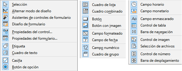 Botones de la barra de herramientas Controles de formulario