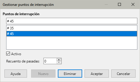 Diálogo Gestionar Puntos de Interrupción