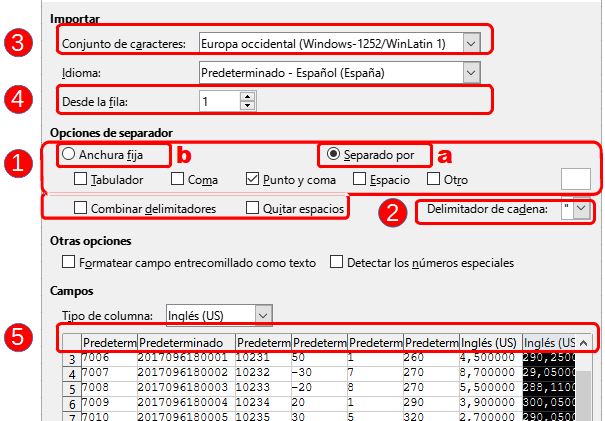 Diálogo de importación de Calc