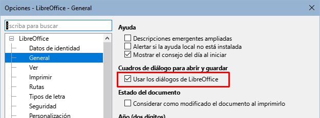 Usar los diálogos abrir y guardar de LibreOffice