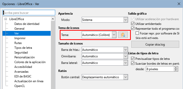 Cambiar el tema de iconos