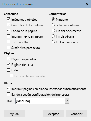 Diálogo Opciones de impresora (para Writer)